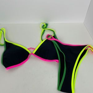 New Remidoo Women's Sexy Color Block High Cut Triangle Thong Bikini Black/Pink